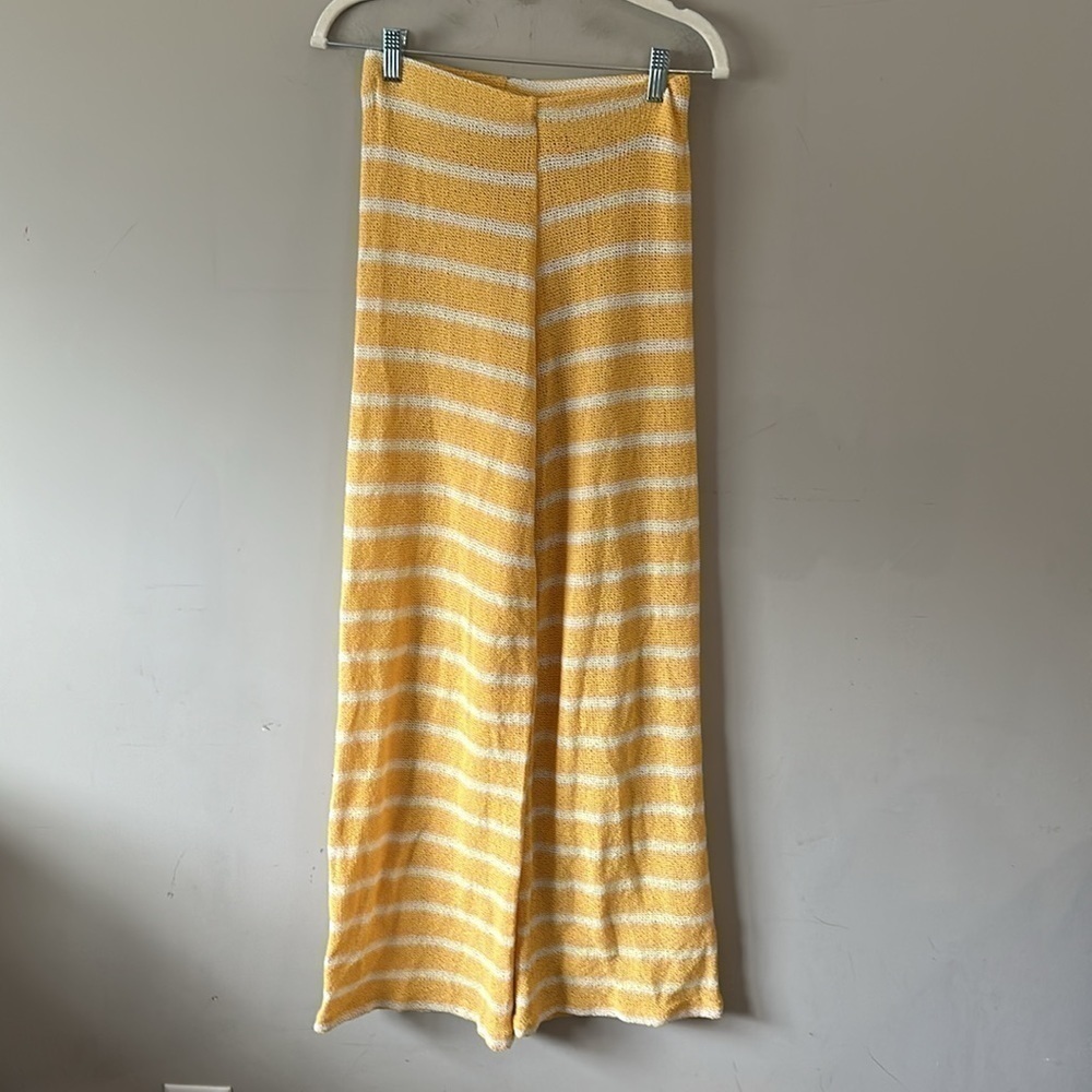 Zara Womens Knit Wide Leg Pants Sz Small Yellow White Stripe High Rise - Picture 3 of 11